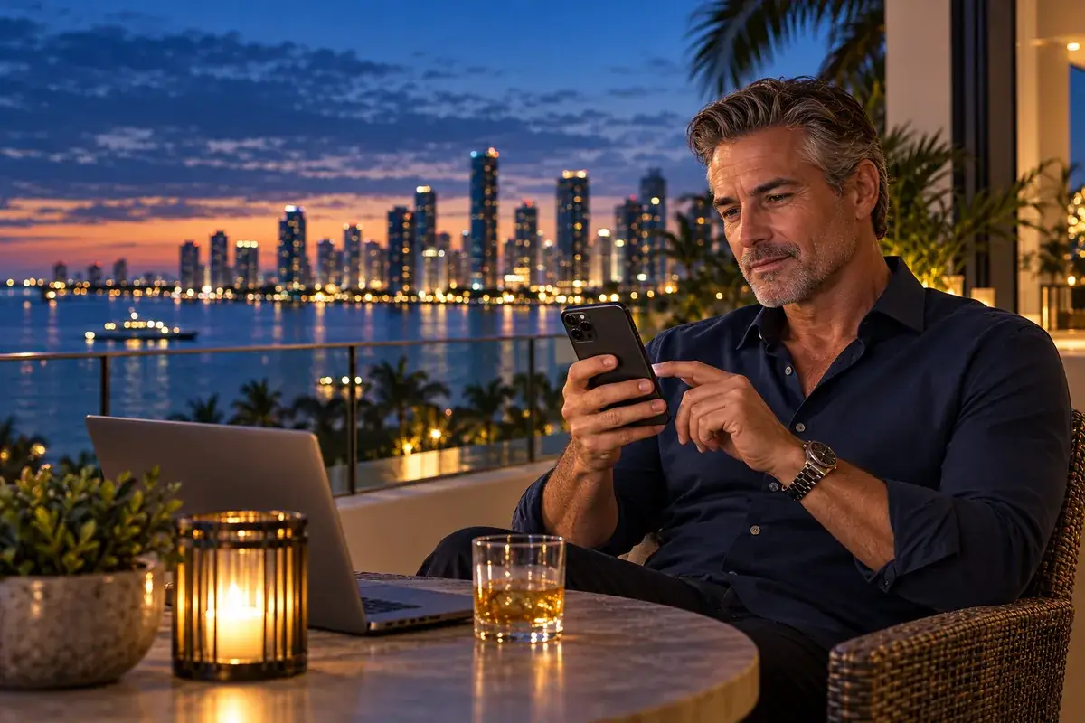 Man reviewing phone privacy settings on a Florida waterfront balcony