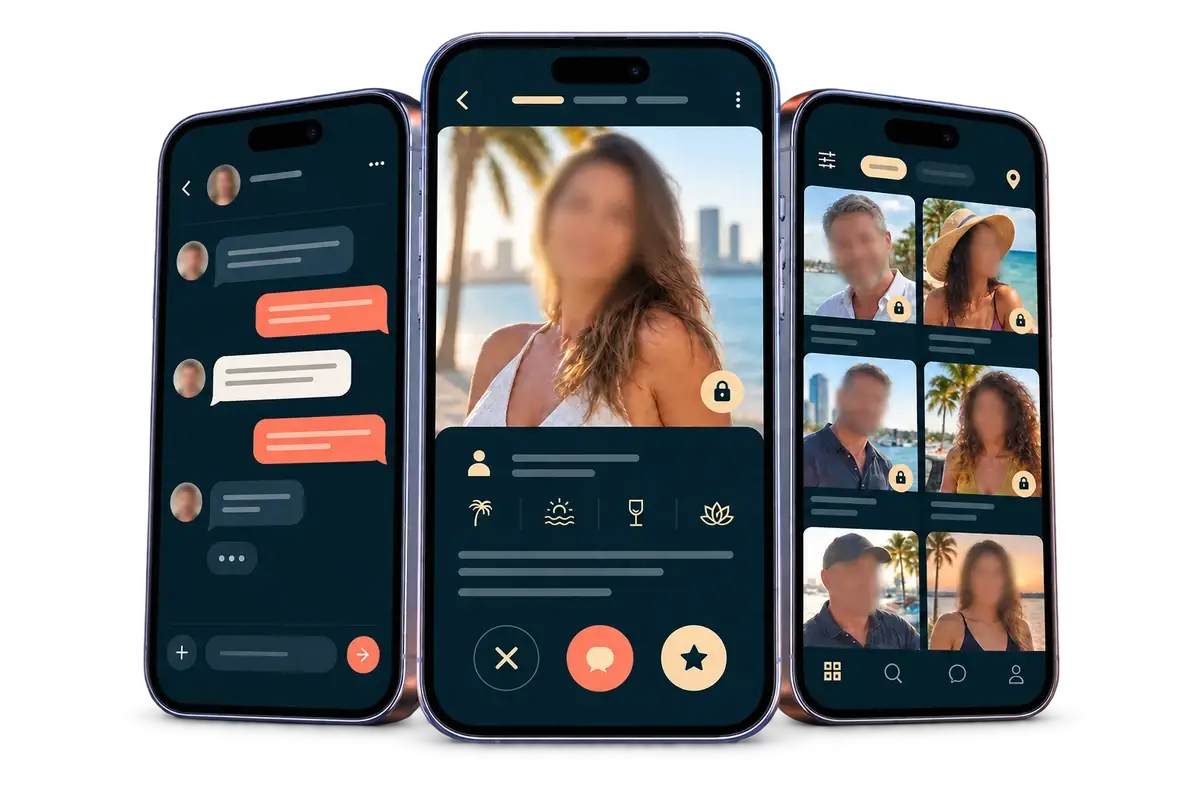 Three-screen mockup of the Sugar Daddy Florida app showing blurred private profiles and messaging