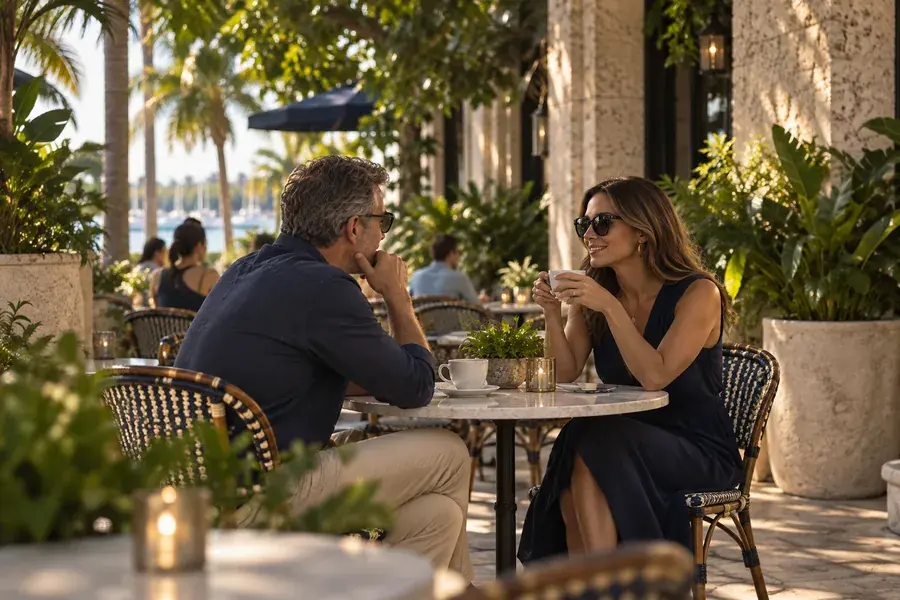 Adult couple talking over coffee on a shaded Coconut Grove terrace