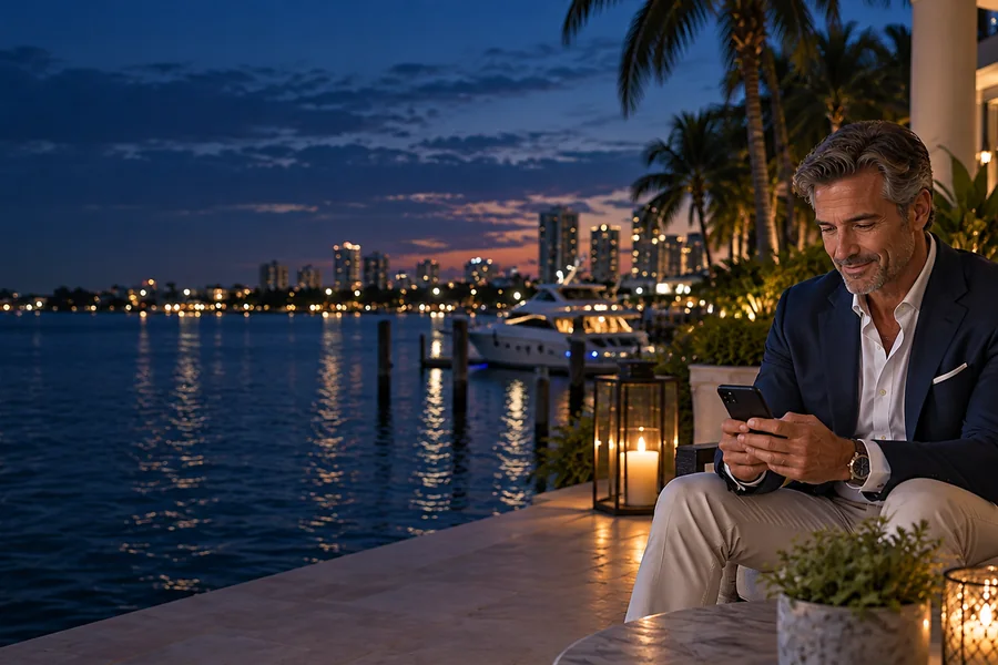 Mature man writing a private message on his phone at a Florida marina