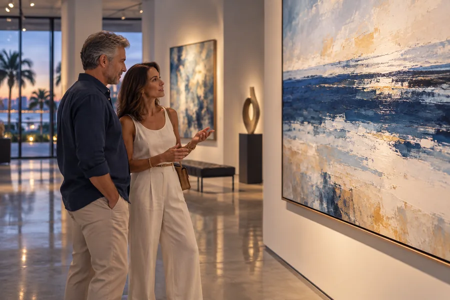 Adult couple viewing coastal artwork in a Florida gallery