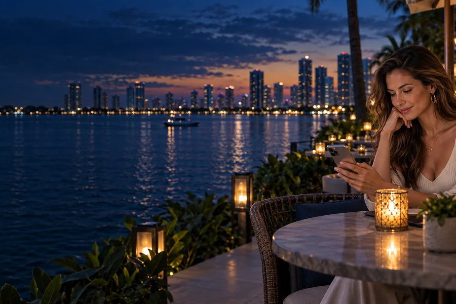 Adult woman creating a dating profile on her phone beside Biscayne Bay