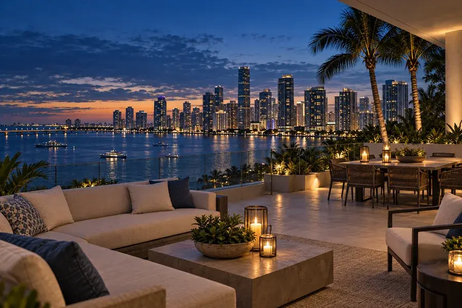 Miami rooftop terrace overlooking Biscayne Bay at blue hour